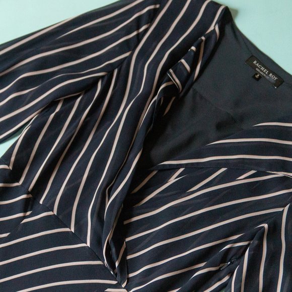 Rachel Roy Collection Navy Blue White Striped Long Sleeve Midi Length Dress Sz 6 - Picture 3 of 11